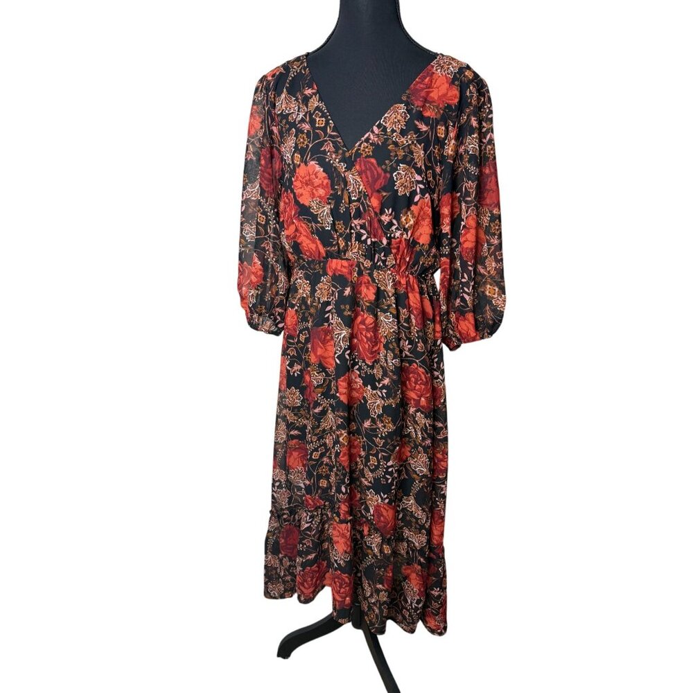Y2K Dark Floral Fairy Romantic Whimsygoth sheer overlay Ruffle Hem dress Small